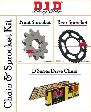Chain and Sprocket Kit With a DID D 420 Pitch 130 Link Gold Chain