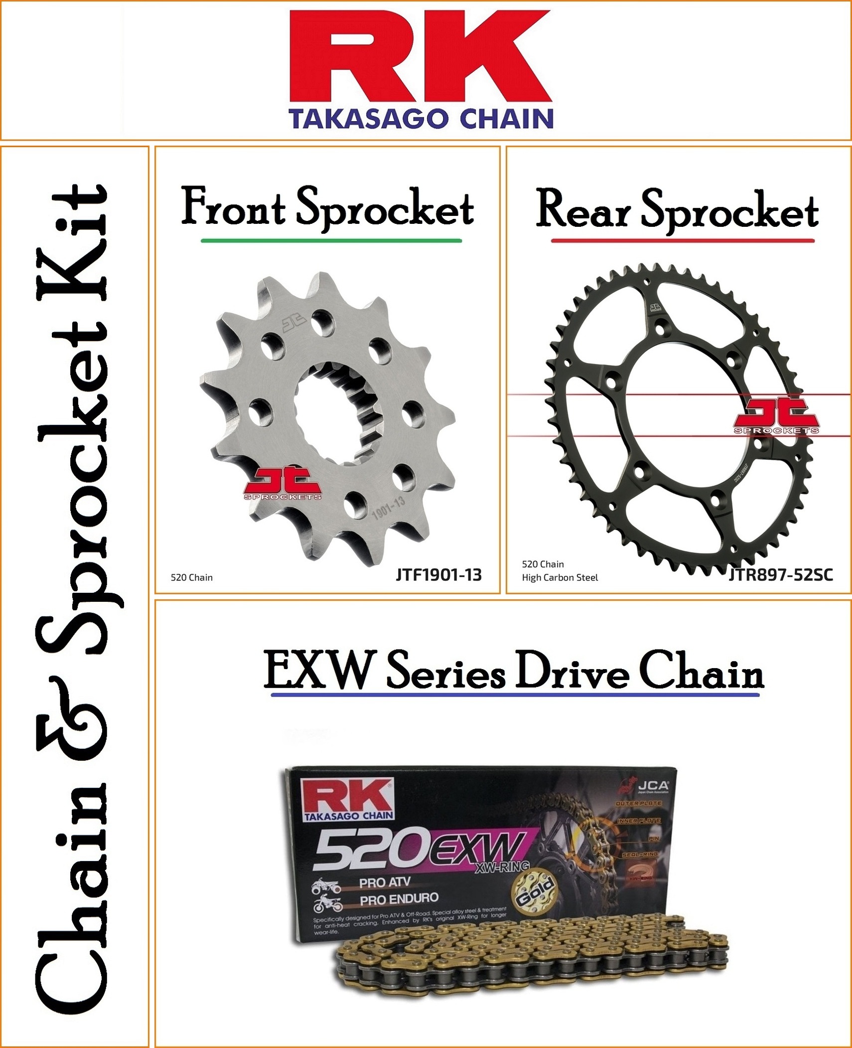 Chain and Sprocket Kit With a RK EXW 520 Pitch 118 Link Gold Chain