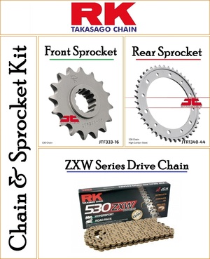 Chain and Sprocket Kit With a RK ZXW 530 Pitch 116 Link Gold Chain