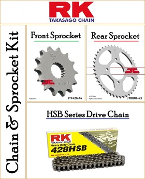 Chain and Sprocket Kit With a RK HSB 428 Pitch 124 Link Steel Chain