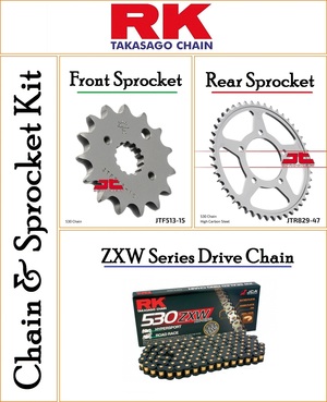 Chain and Sprocket Kit With a RK ZXW 530 Pitch 116 Link Black Chain