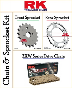 Chain and Sprocket Kit With a RK ZXW 530 Pitch 116 Link Gold Chain