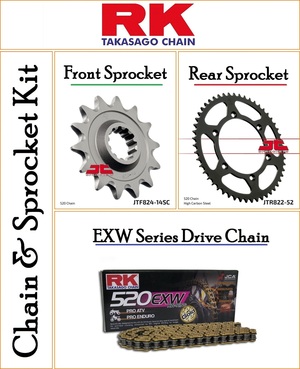 Chain and Sprocket Kit With a RK EXW 520 Pitch 118 Link Gold Chain
